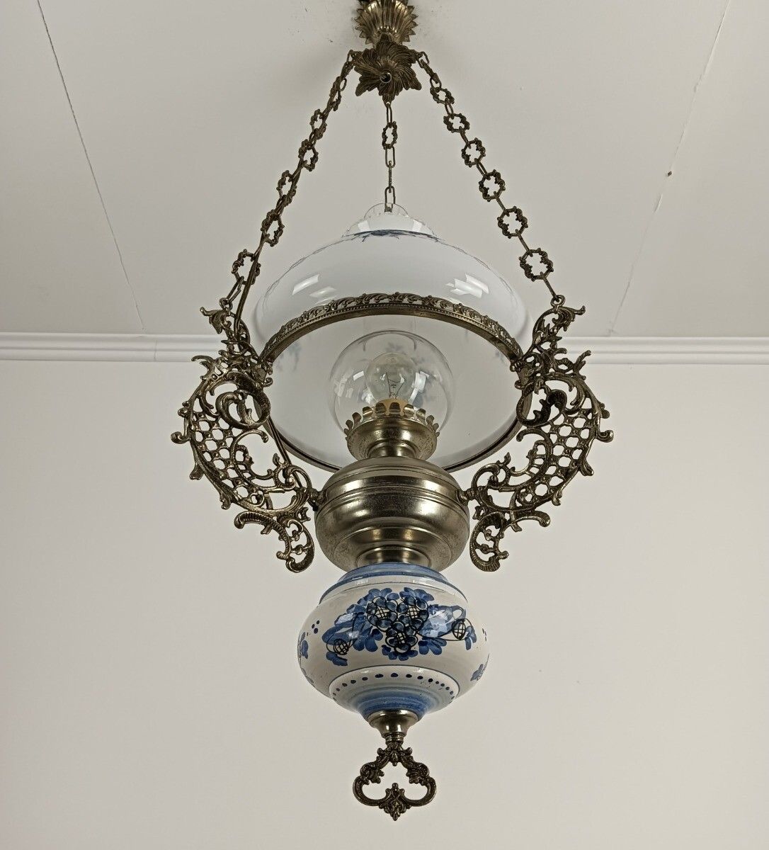 Gorgeous Delft Chandelier Blue White With Lampe Belge Antique French Count photo for sale