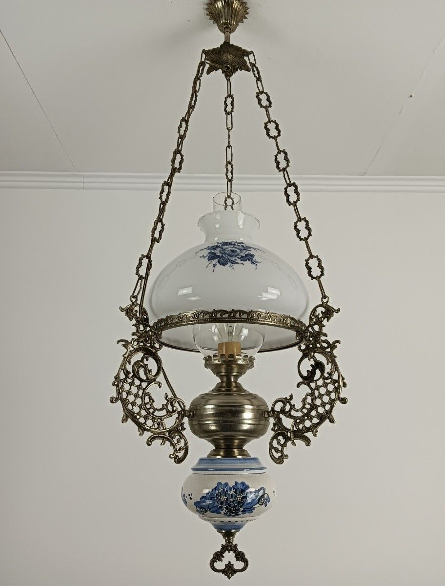 Gorgeous Delft Chandelier Blue White With Lampe Belge Antique French Count photo Lighting