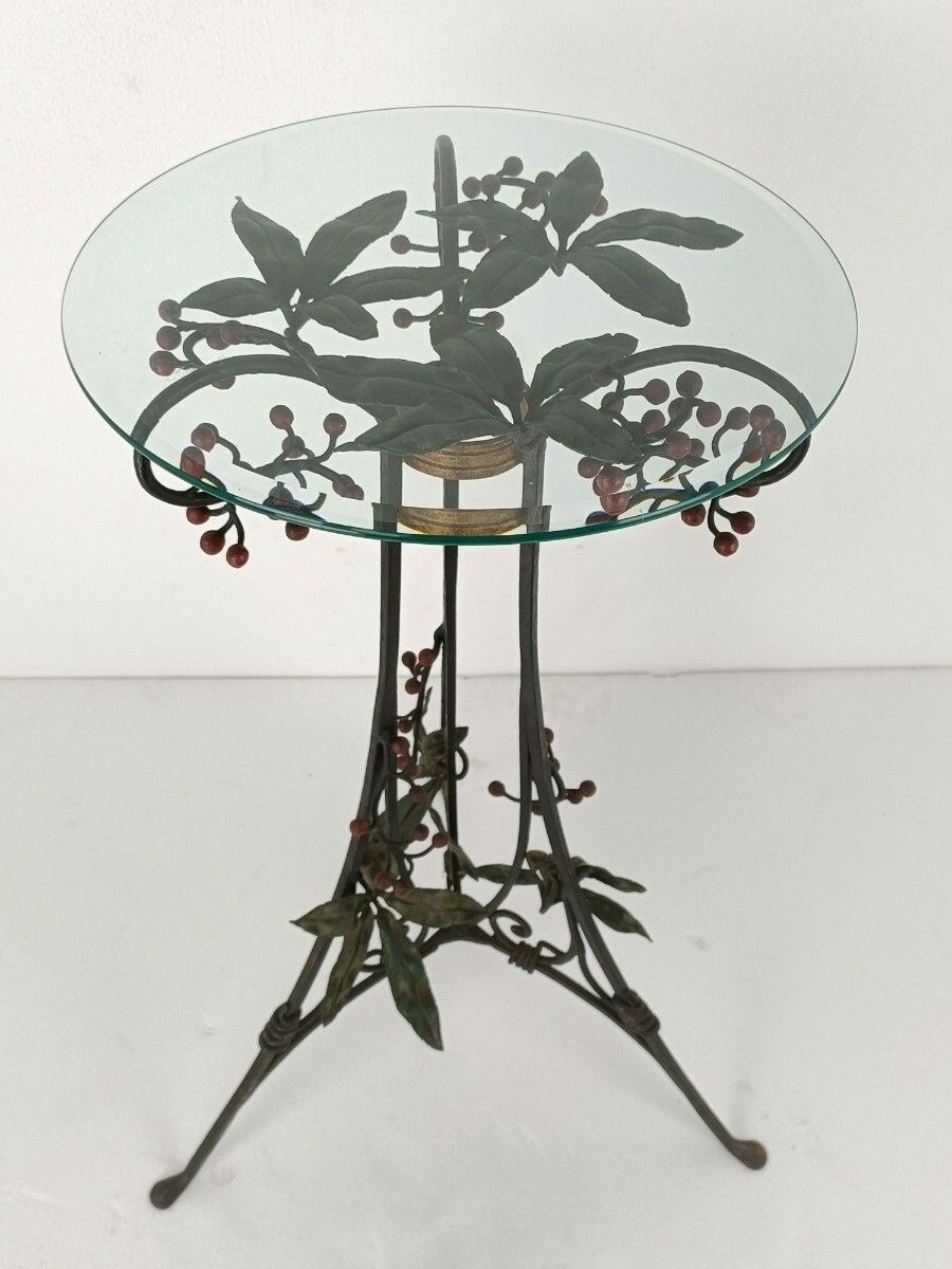 Wrough Iron Table Grapes Cast Iron Gorgeous Art Deco Side Table Pedestal Beveled photo furniture