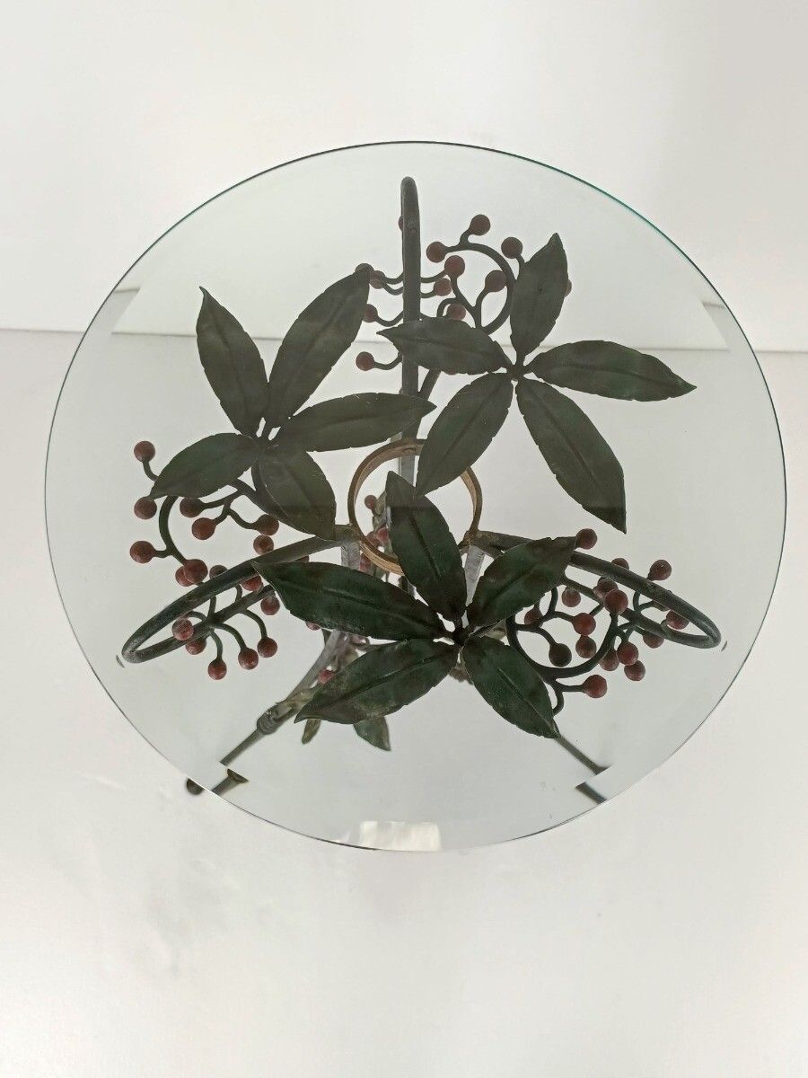 Wrough Iron Table Grapes Cast Iron Gorgeous Art Deco Side Table Pedestal Beveled photo for sale
