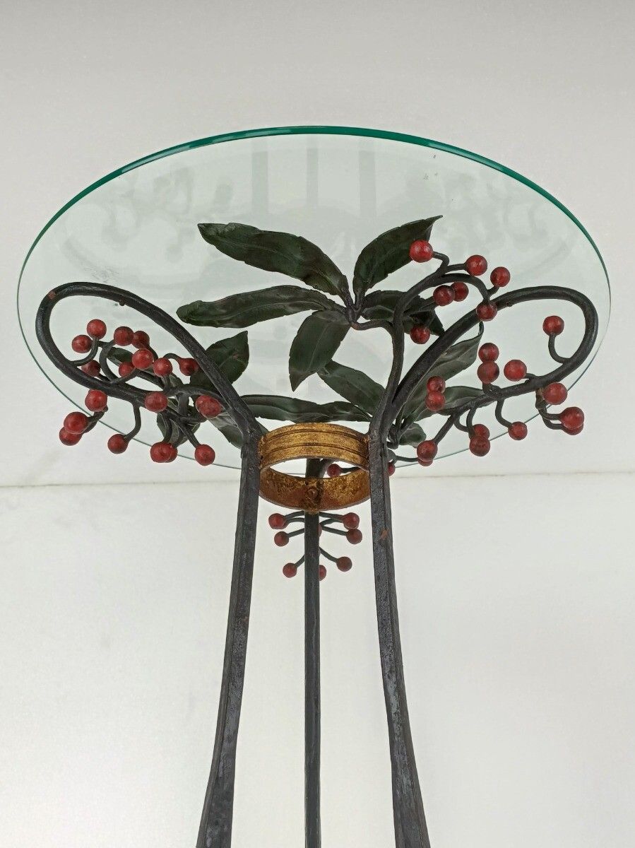 Wrough Iron Table Grapes Cast Iron Gorgeous Art Deco Side Table Pedestal Beveled photo vinterior