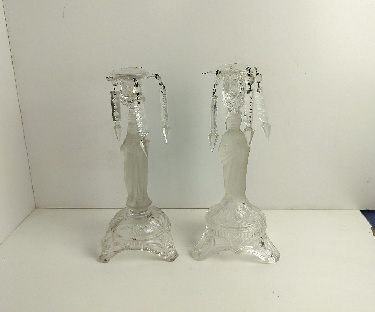Couple Candle Holders Art Glass S  Holy Heart Virgin Mary Christ Prisms Vintage