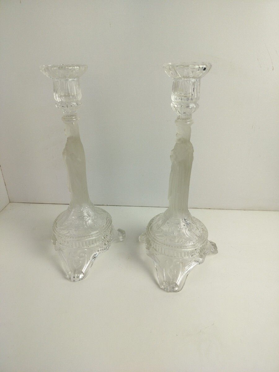 Couple Candle Holders Art Glass S  Holy Heart Virgin Mary Christ Prisms Vintage photo 87.0