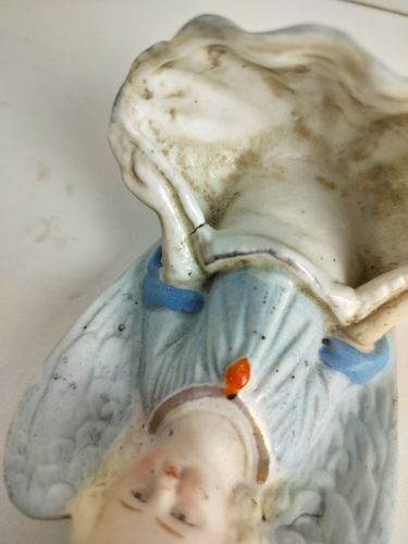 Small Antique Holy Water Font Pastel Blue Angel Porcelain Bisque Vessel Wall Han photo vinterior