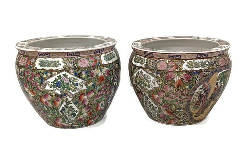 Couple  Vintage Chinese Porcelain Enamel Koi Fish Bowl Planters Vases Cachepots