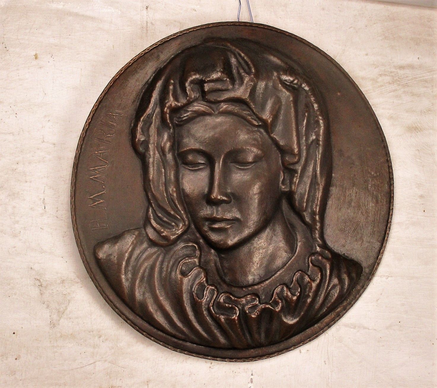 Large Hammered  Red Copper Wall Plate Virgin Mary Madonna Gorgeous 18.5" photo furniture