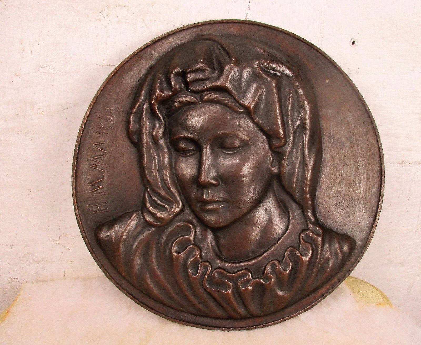 Large Hammered  Red Copper Wall Plate Virgin Mary Madonna Gorgeous 18.5" photo 93.0