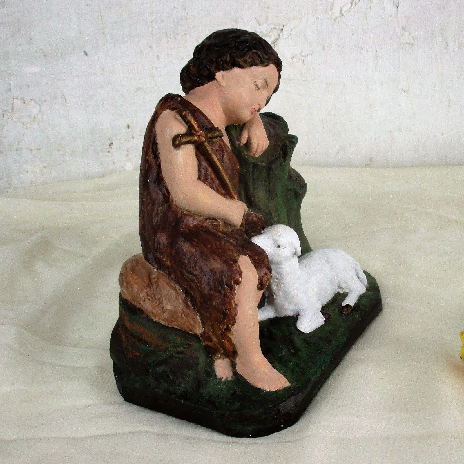 Antique Sweet Statue Saint John The Baptist As  Child With The Lamb Plaster Htf photo Art