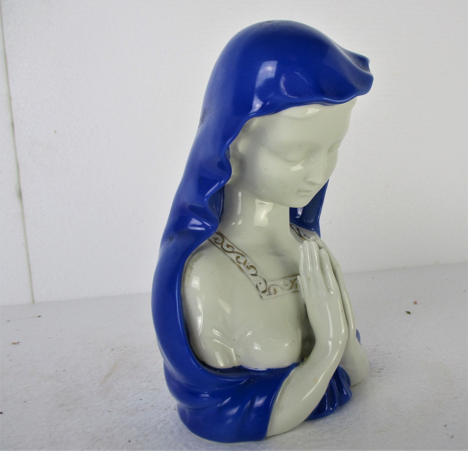 Rare Bavaria Porcelain Elegant Statue Bust Madonna Virgin Mary Germany Blue Whit photo furniture