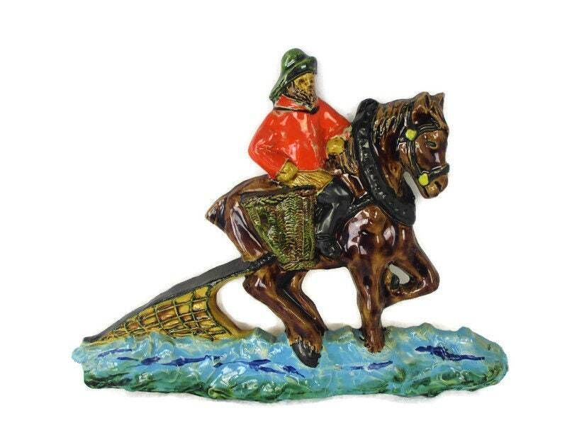 Lovely Modernist Ceramic Wall Plaque Fisherman Shrimps Sea Horse Polychrome Sign