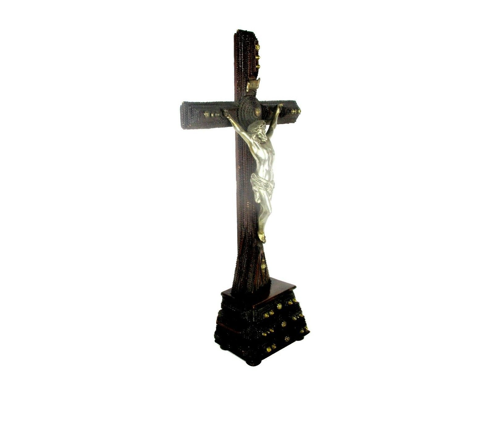 Xl Altar Standing Crucifix Corpus Christi Hand Carved Wood Spelter Folk Art