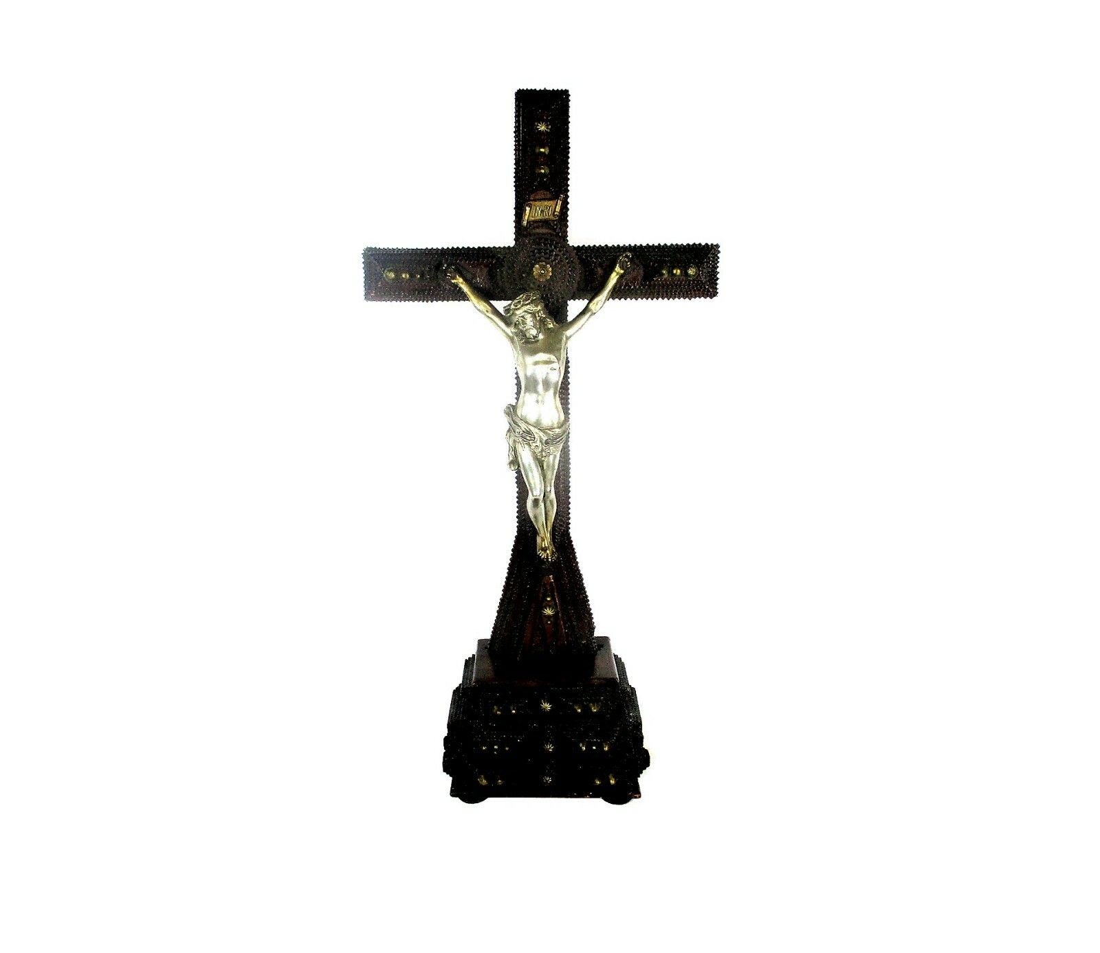 Xl Altar Standing Crucifix Corpus Christi Hand Carved Wood Spelter Folk Art photo furniture