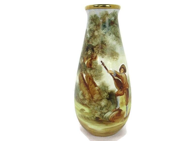 French Vase Ceramic Art Pottery Hand Painted Musician Playing Lute Gorgeous