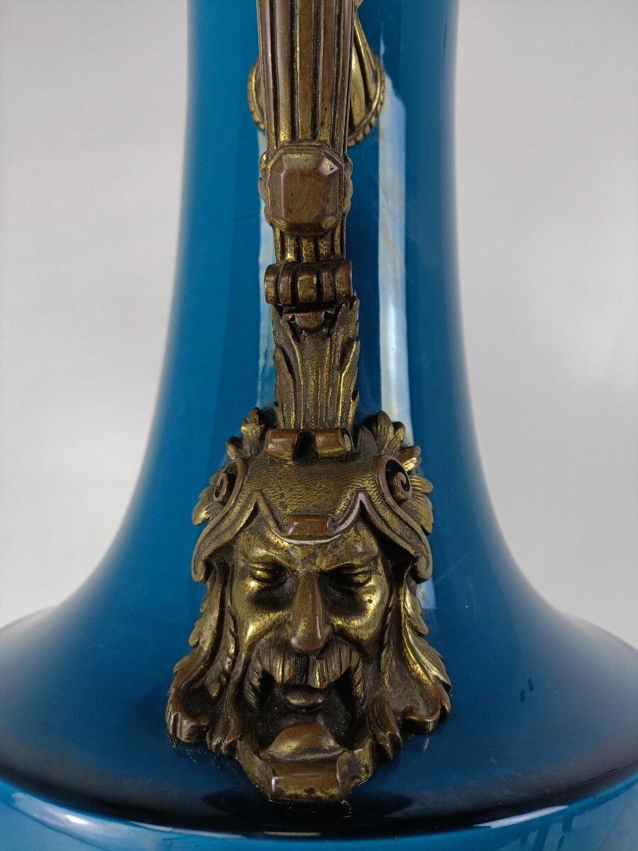 Large J. Massier For Vallauris Blue Ceramic Vase Urn With Bronze Details Gorgeou photo buy