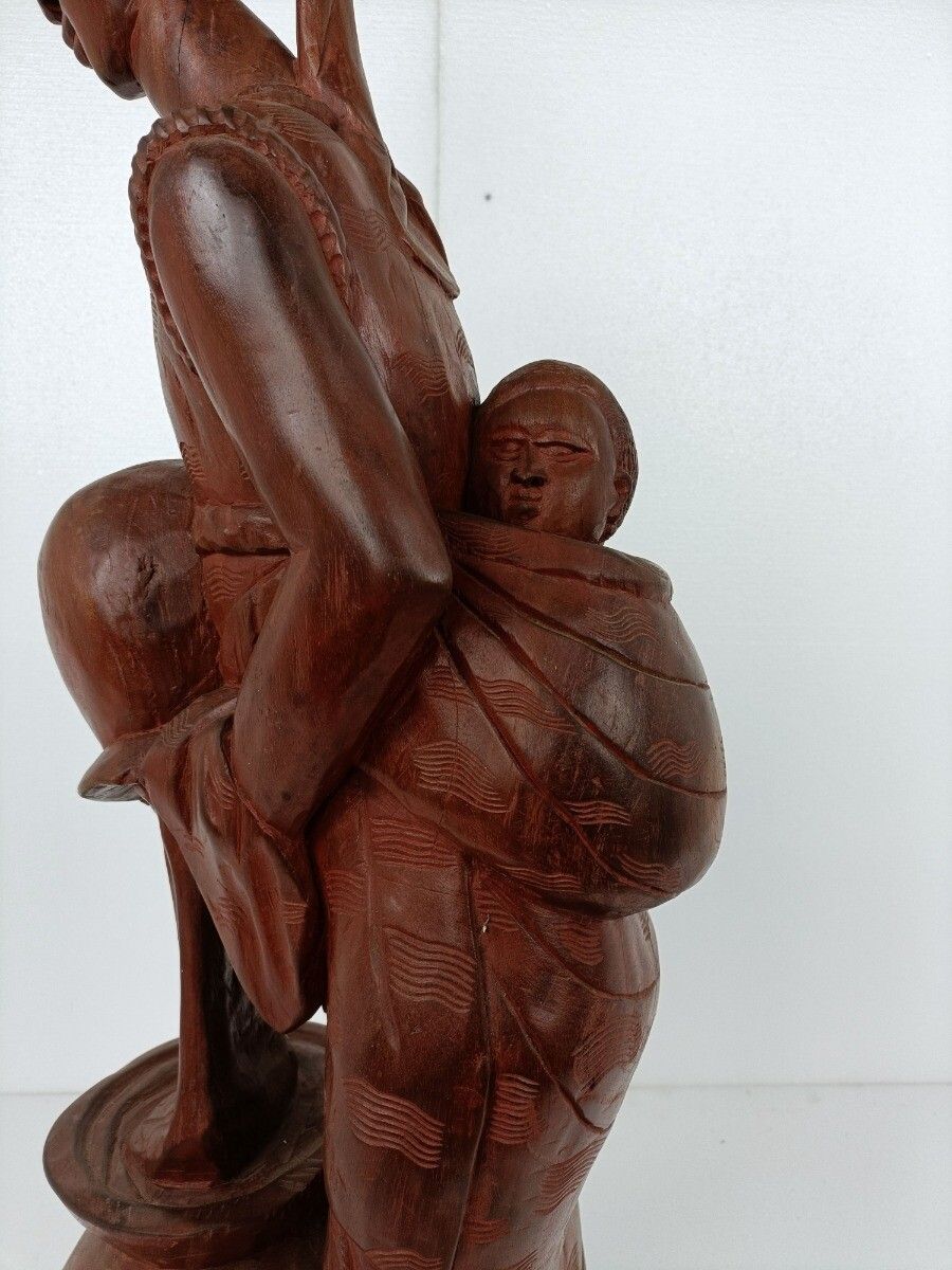 Large Hand Carved Wooden Statue Figurine African Tribal Woman With Baby photo buy