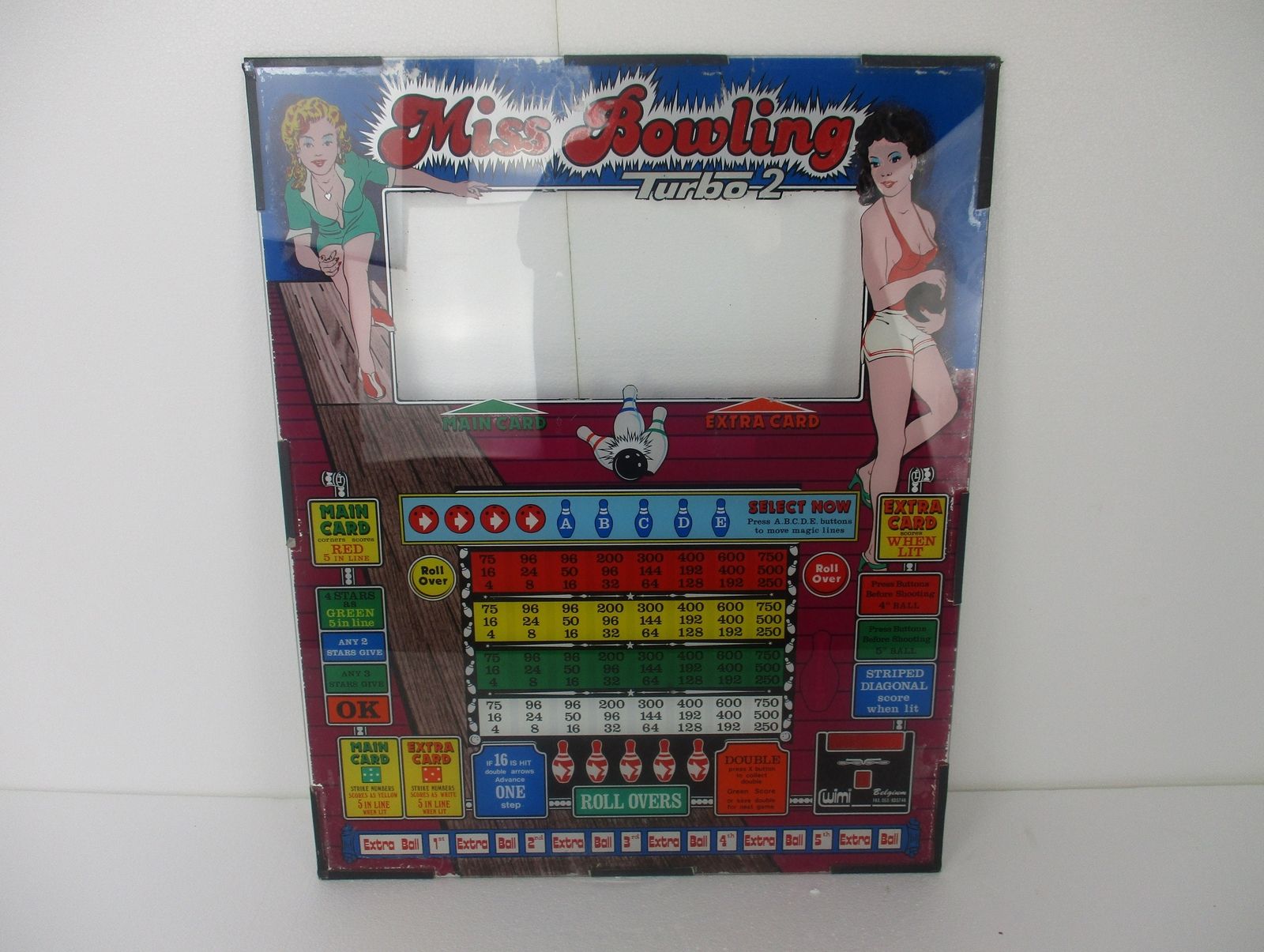 Vintage 70s Slot Gambling Machine Glass Plaque Miss Bowling Turbo 2 photo furniture