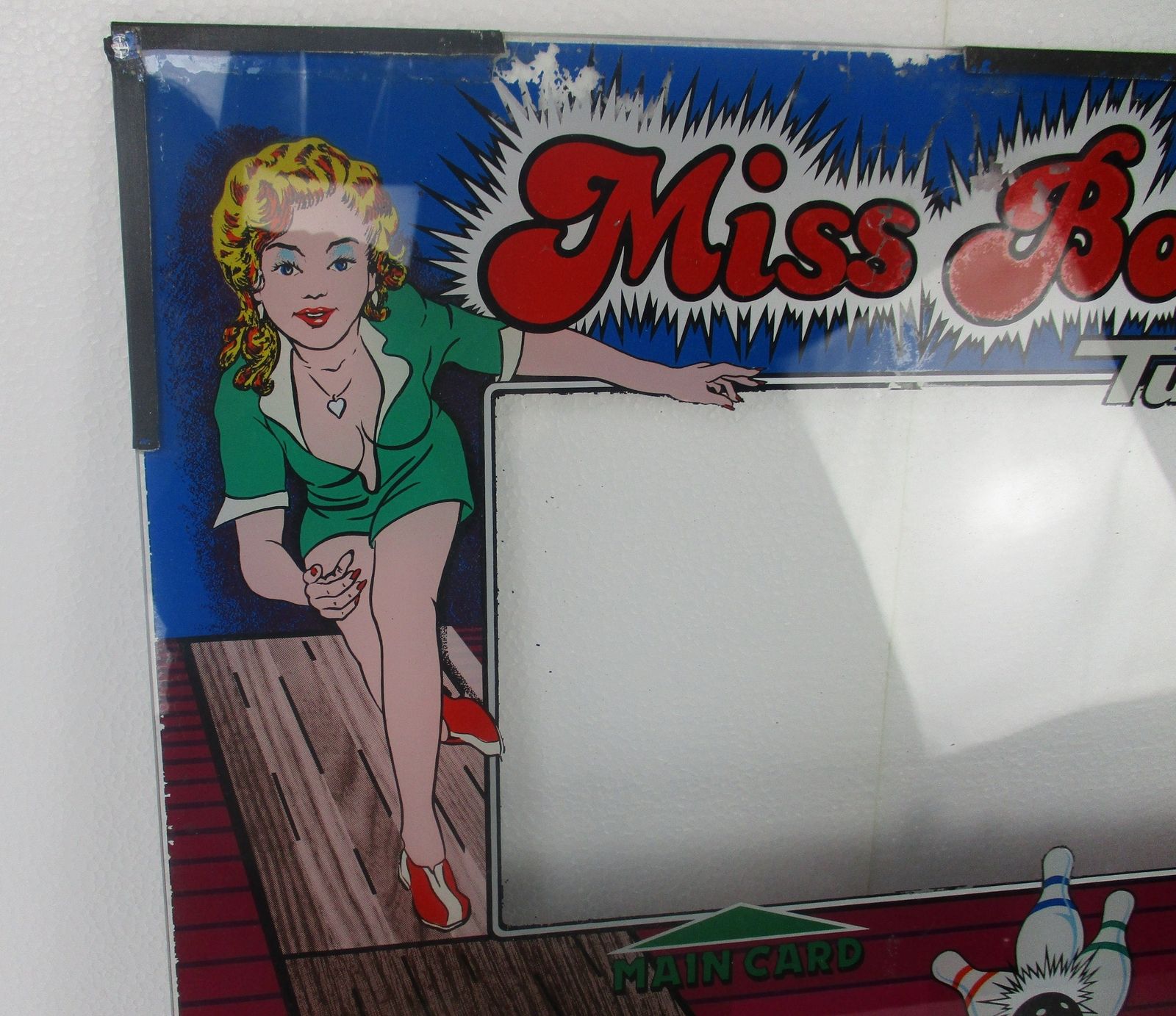 Vintage 70s Slot Gambling Machine Glass Plaque Miss Bowling Turbo 2 photo for sale