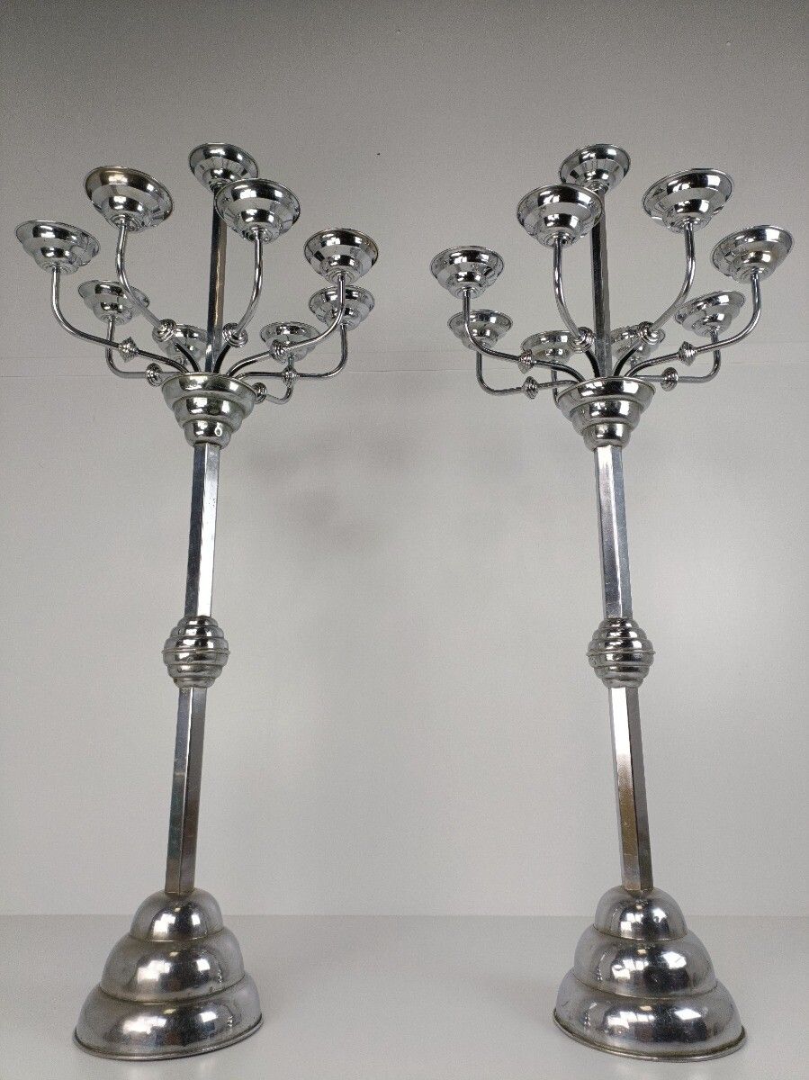 Xxl Art Deco Antique Candelabras Pair Chrome Htf 8 Arm Altar Stunning photo Home Decor