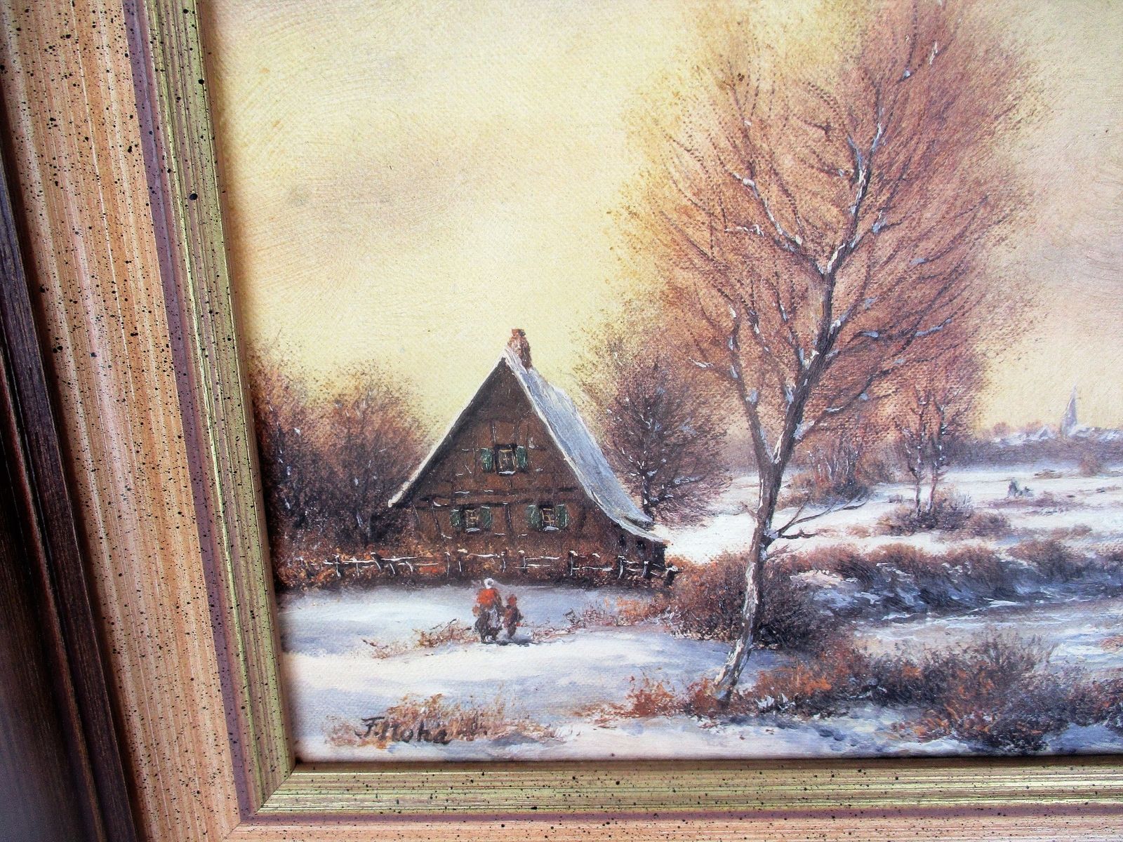 Small Lovely Oil Painting On Canvas Framed Winter Wonderland Signed F Moka photo for sale