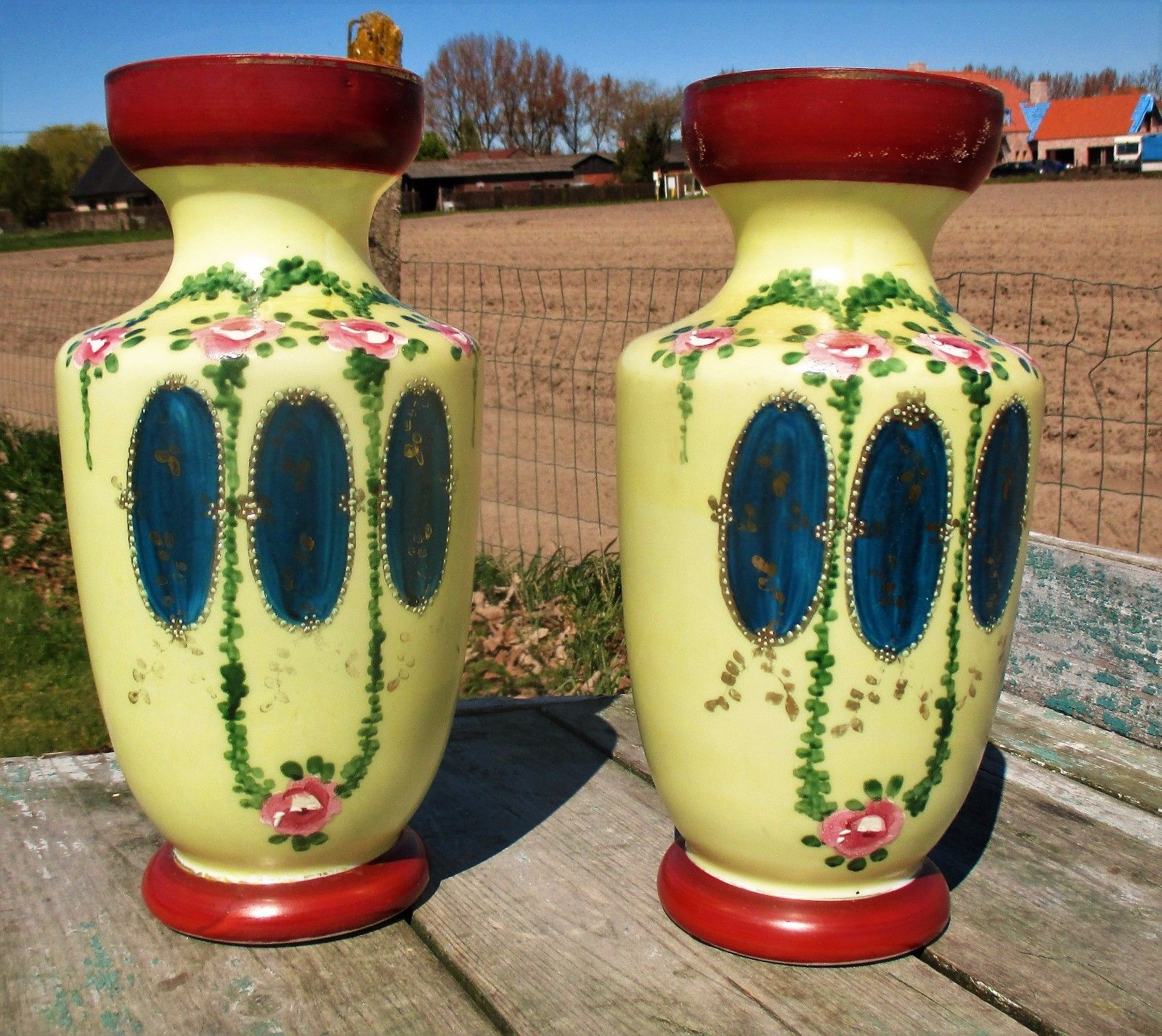 French Opaline Couple Of Vases Hand Painted Enameled Art Deco photo Home Decor