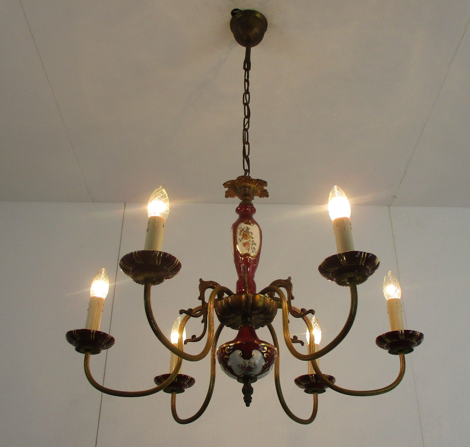 Chandelier 6 Arms Lights Ceramic Porcelain Ceramic  Blue Gold Mid Century Italy photo furniture