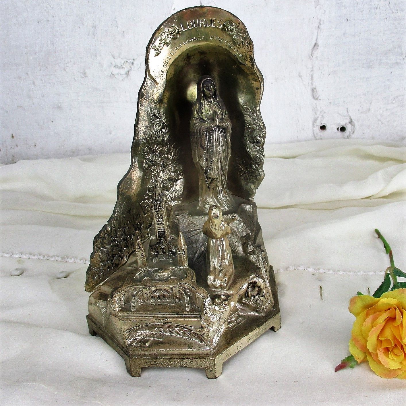 Large Working Lourdes Music Box Virgin Mary St Bernadette French France Spelter photo furniture