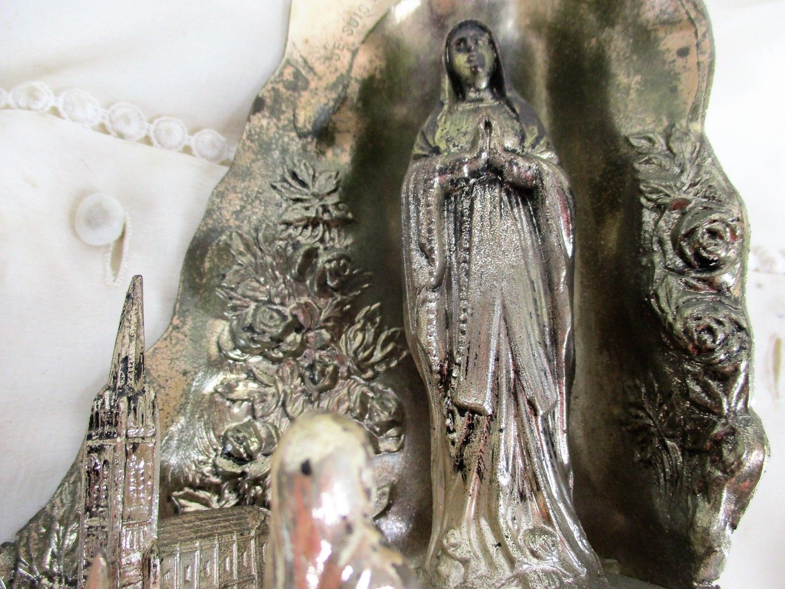 Large Working Lourdes Music Box Virgin Mary St Bernadette French France Spelter photo vintage