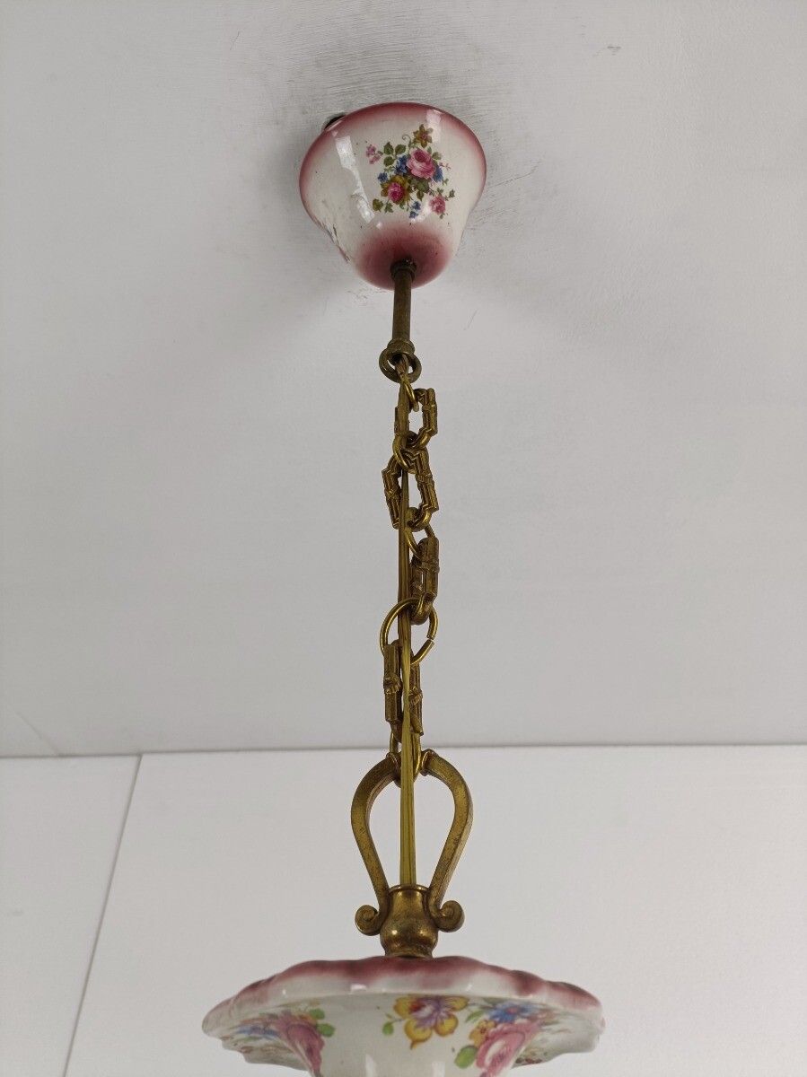 photo furniture Vintage Porcelain Pink Flower Chandelier 6 Arm 6 Lights Italian Modernist