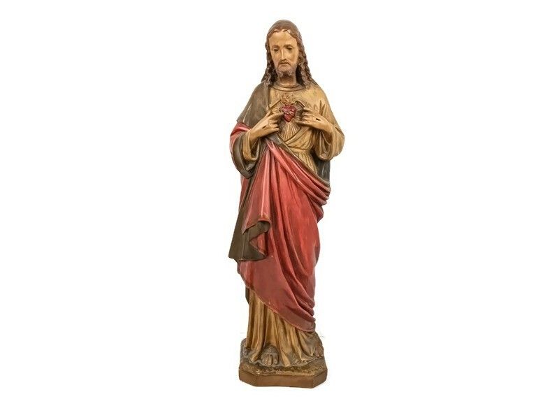 Large Antique 1900 Church Chapel Statue Jesus Christ Sacred Heart Polychrome Neo
