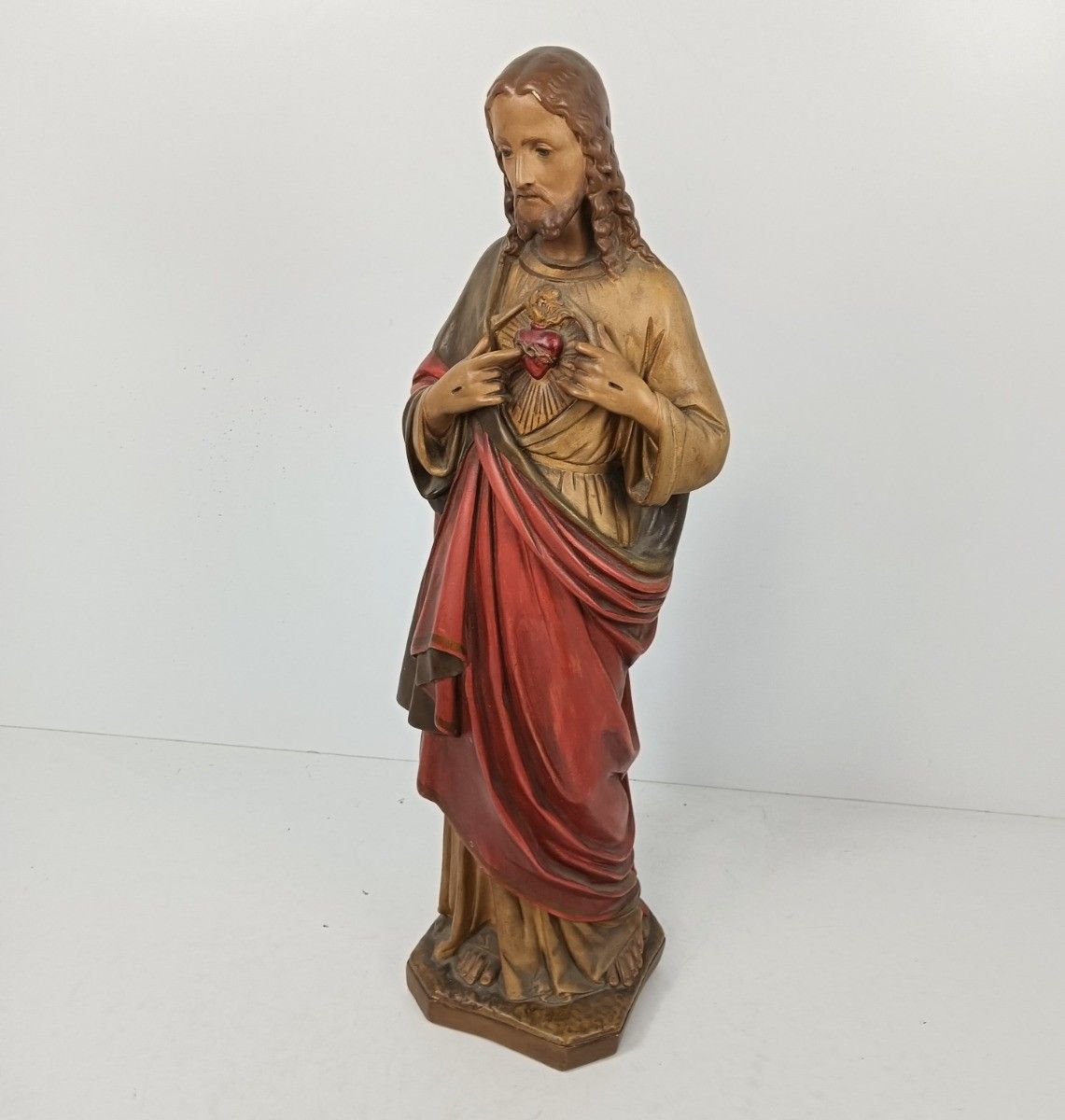 Large Antique 1900 Church Chapel Statue Jesus Christ Sacred Heart Polychrome Neo photo 728.0