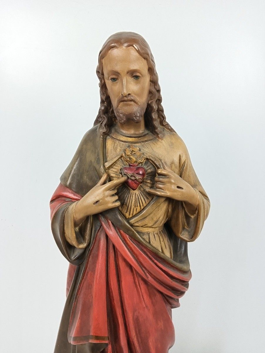 photo for sale Large Antique 1900 Church Chapel Statue Jesus Christ Sacred Heart Polychrome Neo