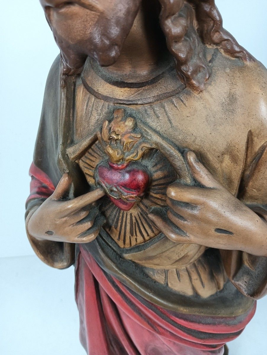 Art Large Antique 1900 Church Chapel Statue Jesus Christ Sacred Heart Polychrome Neo photo