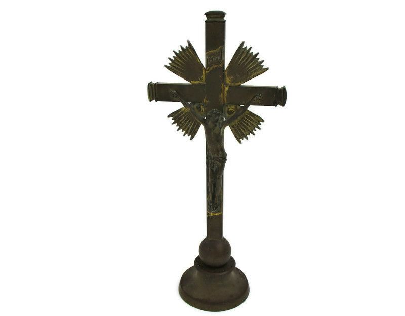 Antique Xl Standing Altar Church Chapel Crucifix Jesus Christ Cross Brass 1800s