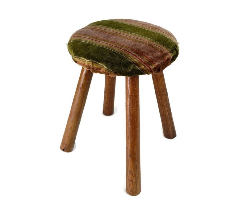 Vintage Hand Carved Wood Fabric Tripod Milking Stool Pedestal Table Pedestal Bar