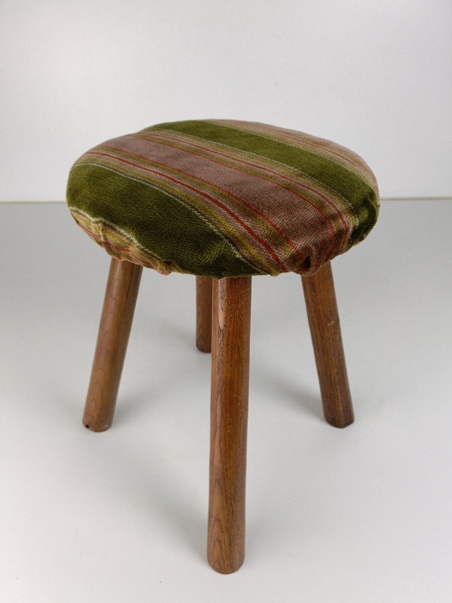 Vintage Hand Carved Wood Fabric Tripod Milking Stool Pedestal Table Pedestal Bar photo furniture