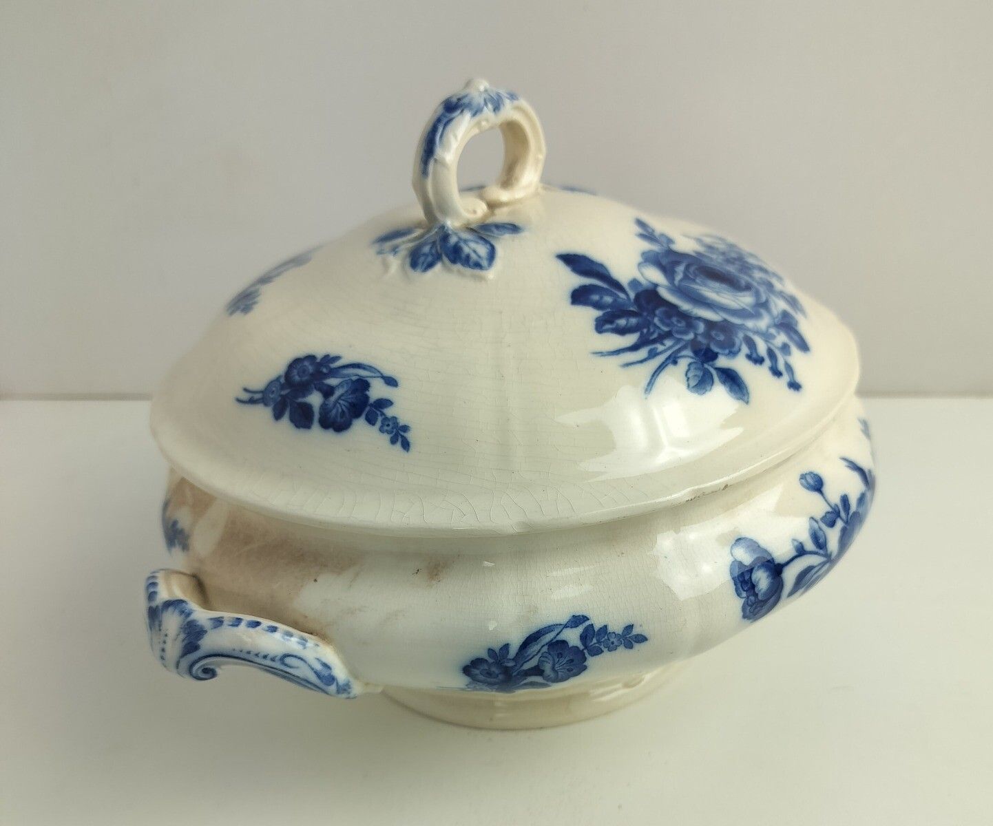 Art Nouveau Antique  Boch Mettlach Blue Rose Germany  Serving Bowl Dish  Soup Tu photo furniture