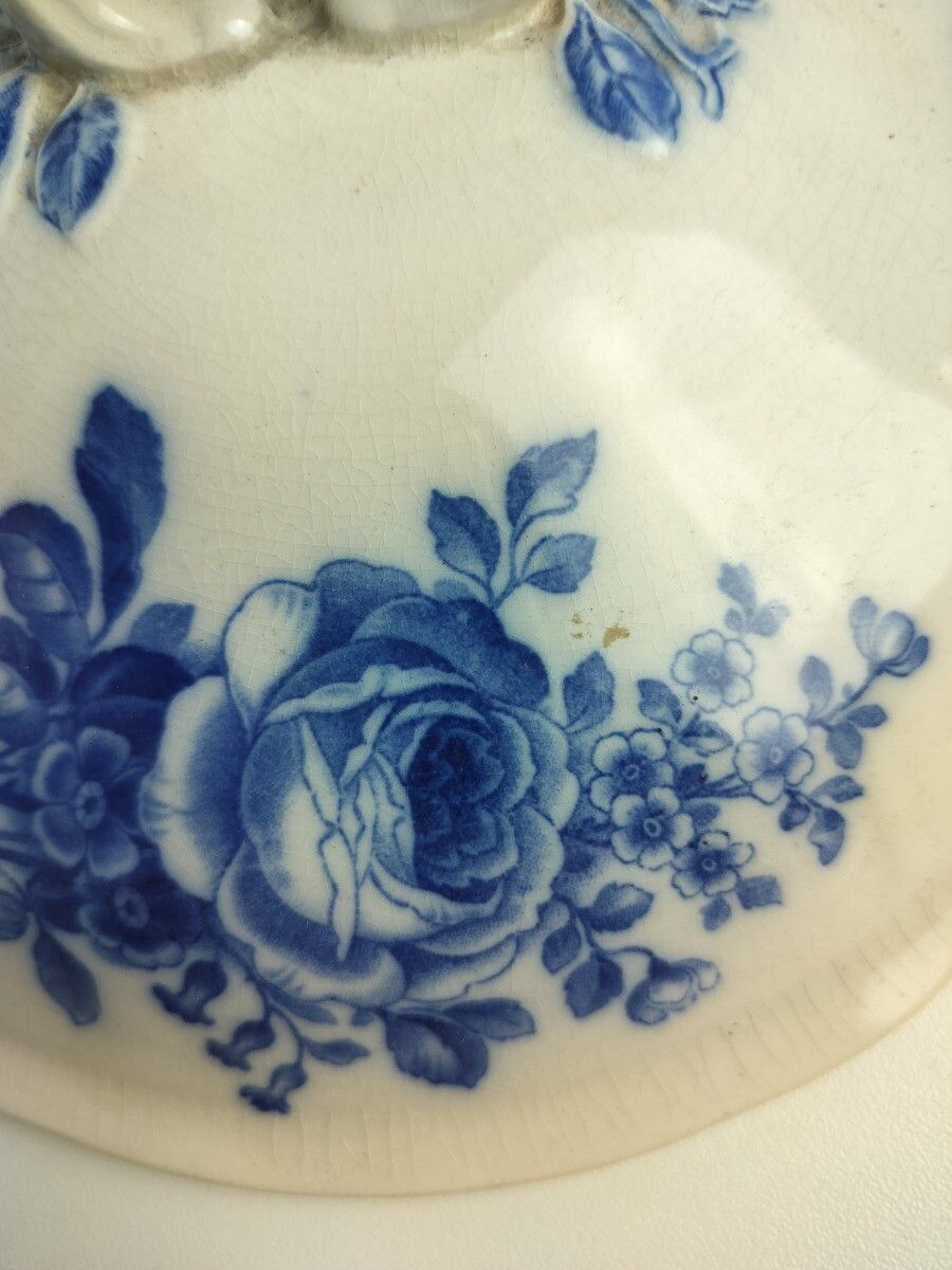 Home Decor Art Nouveau Antique  Boch Mettlach Blue Rose Germany  Serving Bowl Dish  Soup Tu photo