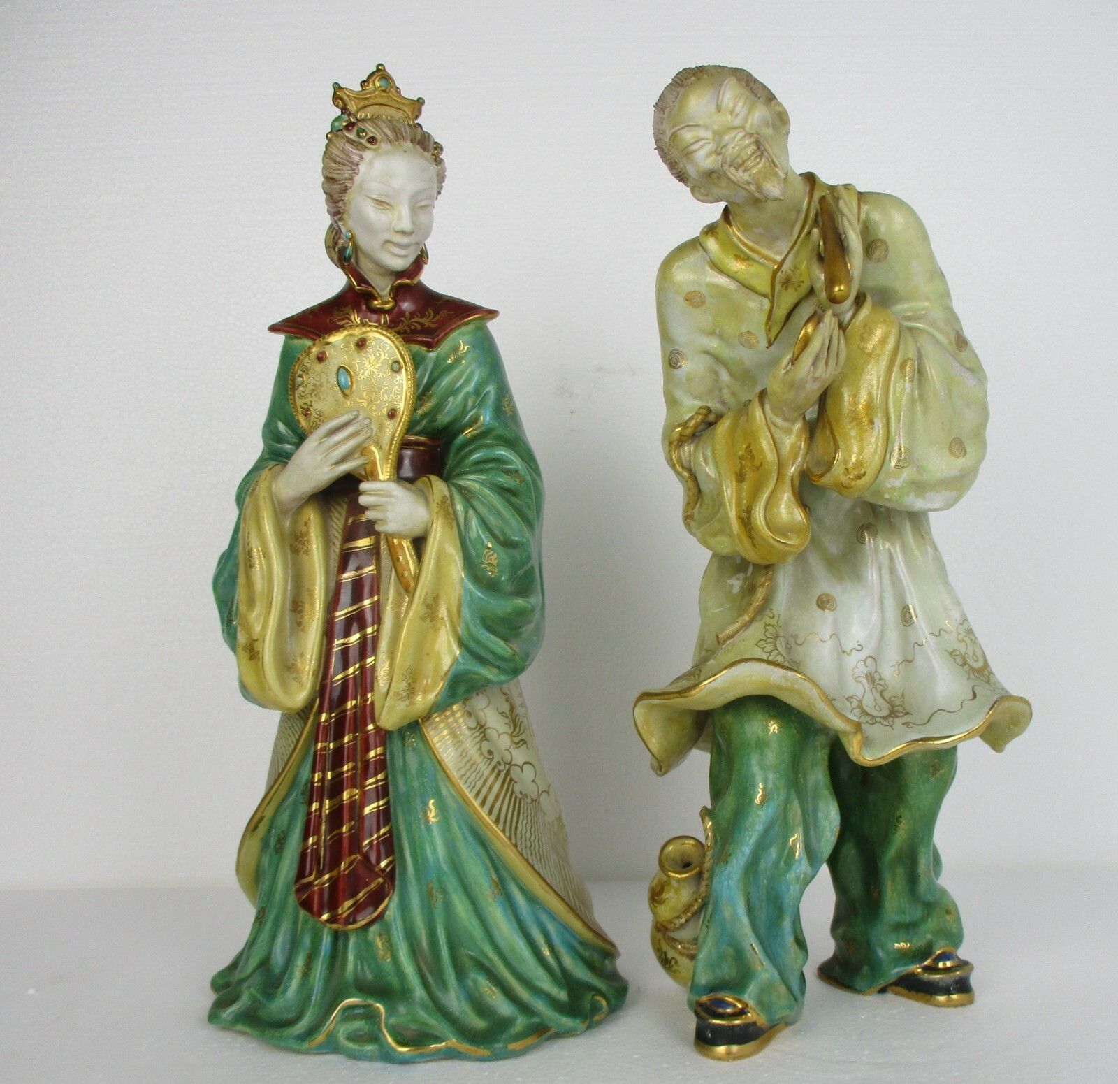 Couple Eugenio Pattarino Italy Polychrome  Statues Sculptures Chinese Couple Htf photo vintage