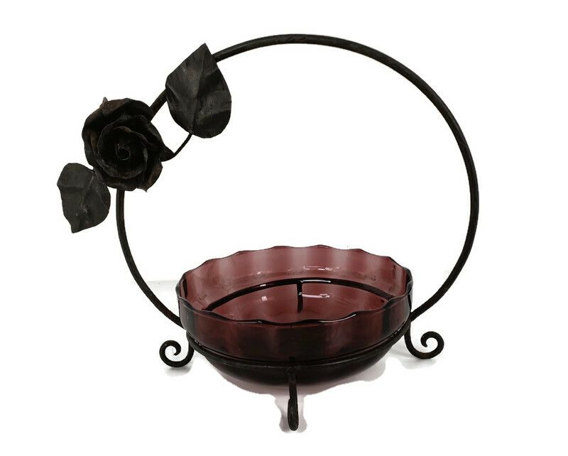 Art Nouveau  Wrought Iron Basket Amethist Art Glass Bowl  Roses Era Van Boeckel