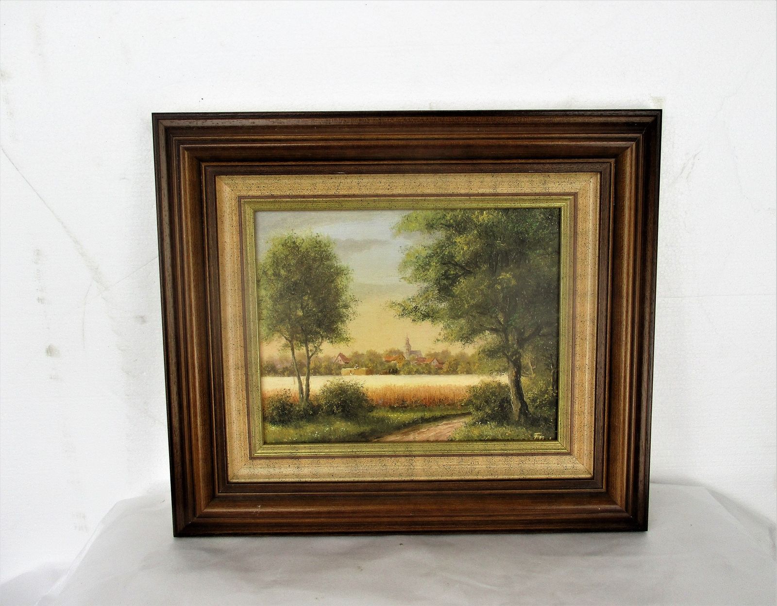 Small Lovely Oil Painting On Canvas Framed Beautiful Landscape Signed F. Moka photo furniture
