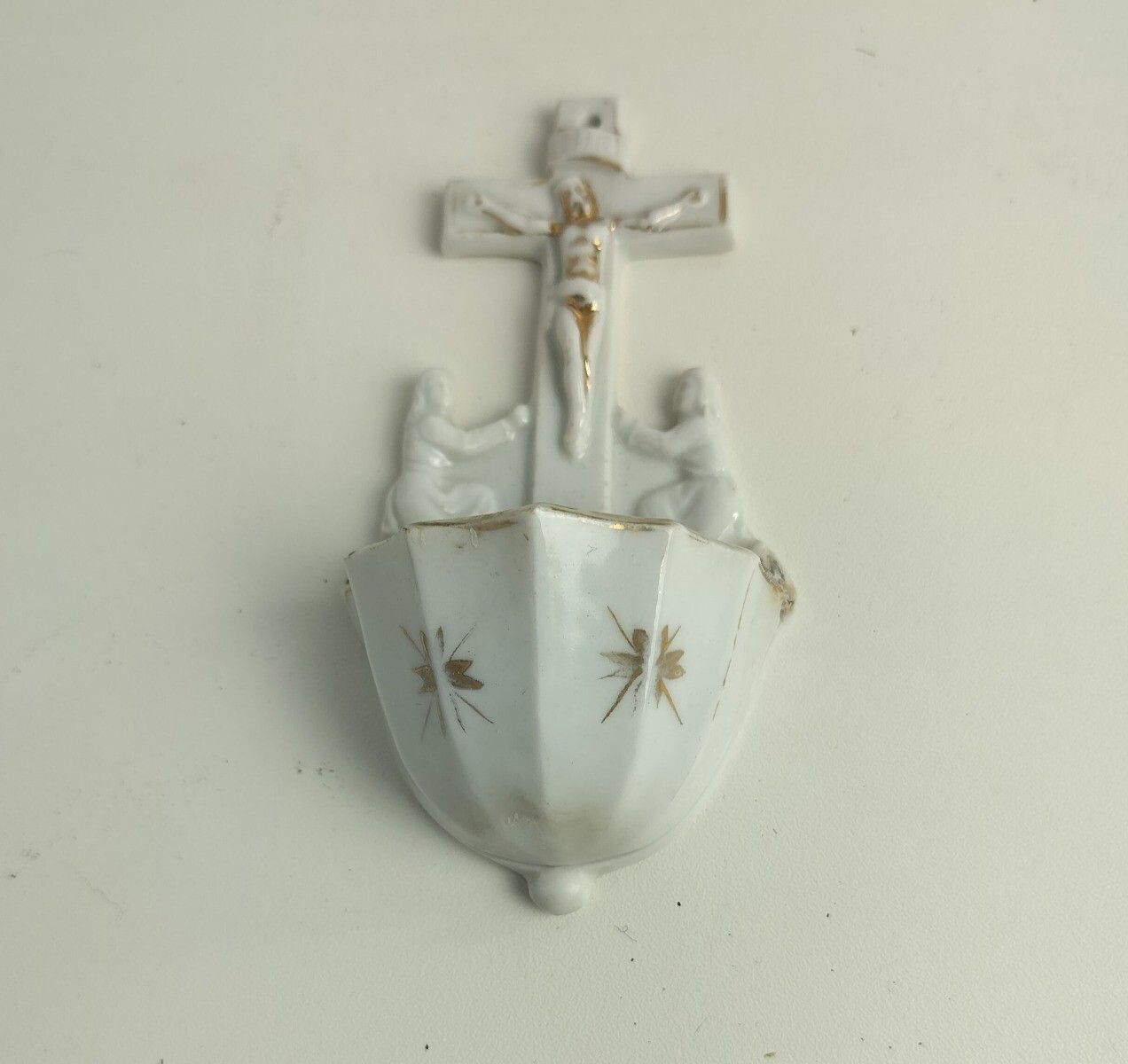 Small Antique Gorgeous Holy Water Font Bisque Porcelain Wall Hanging Vessel Cruc photo furniture