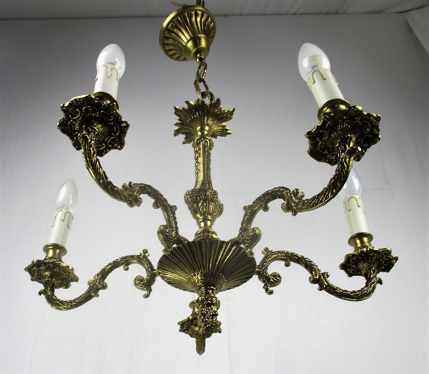 French Hollywood Regency Embossed Brass Chandelier Ornate 6 Lights Grapes Lovely photo for sale