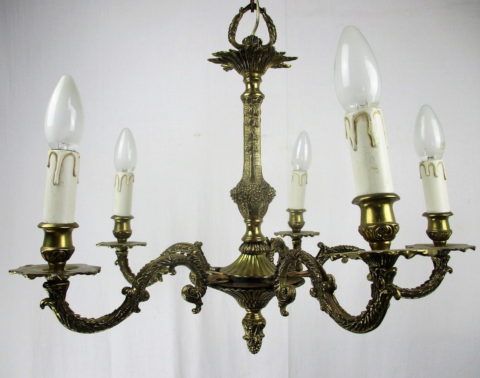 Lighting French Hollywood Regency Embossed Brass Chandelier Ornate 6 Lights Grapes Lovely photo