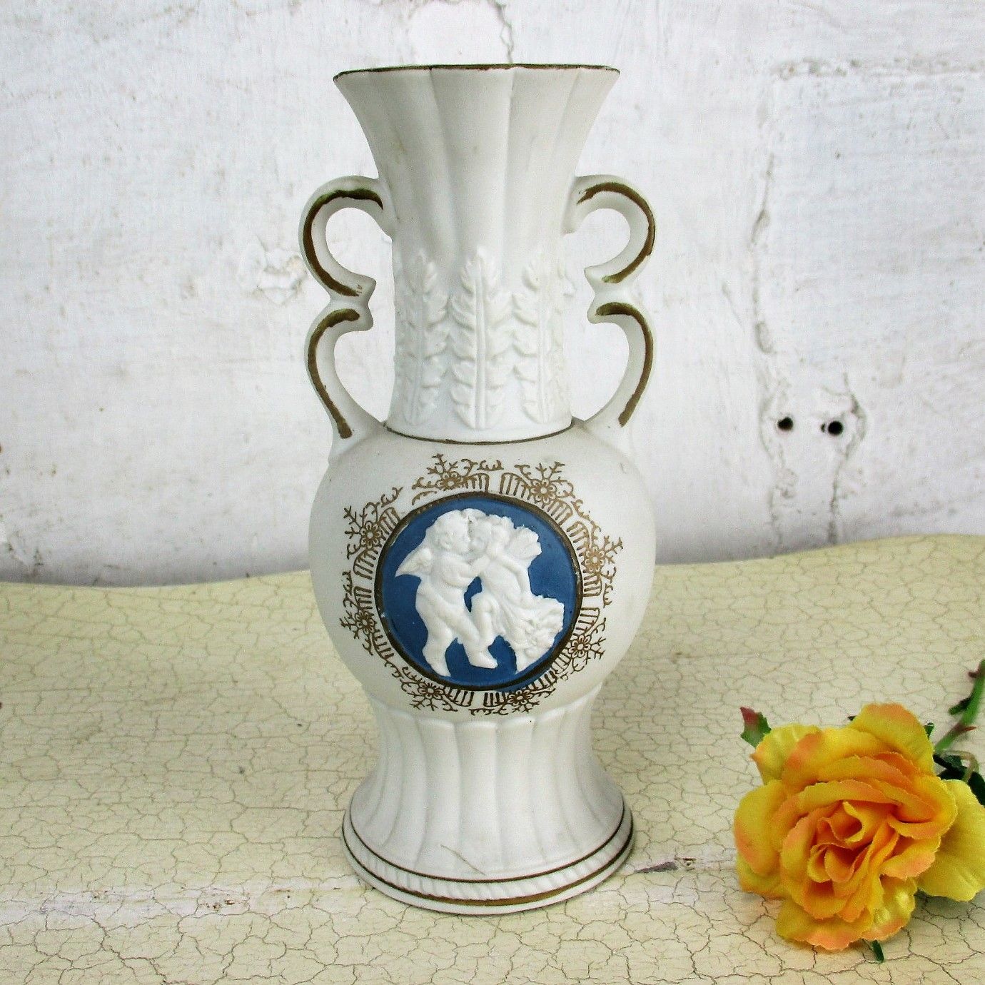 Vase  White Blue Jasperware Kissing Angels Cherub Putti Rare Handles Sweet 8.26"