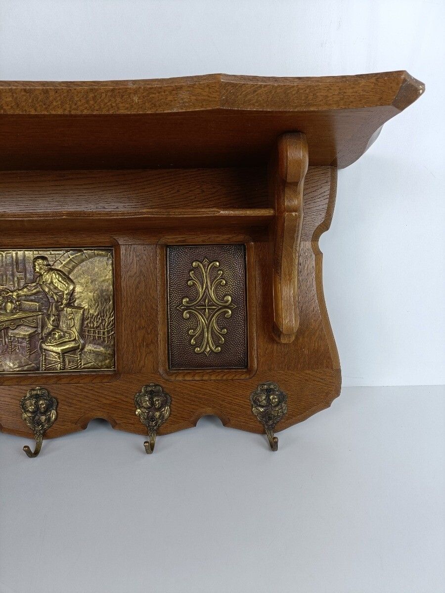 Vintage Wooden Brass Plaque Coat Hat Rack Breughel Style Kitchen Towel Rack Farm photo for sale