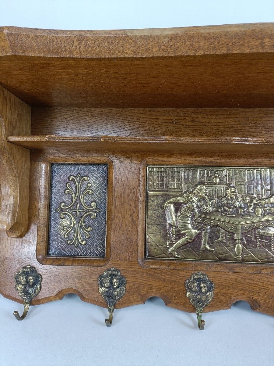 Vintage Wooden Brass Plaque Coat Hat Rack Breughel Style Kitchen Towel Rack Farm photo 303.0