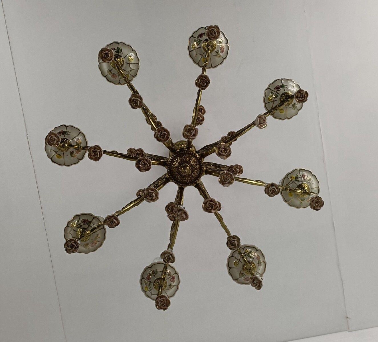 Impressive Chandelier Brass  Porcelain Flowers Prisms 8 Arm Lights Wow photo Lighting