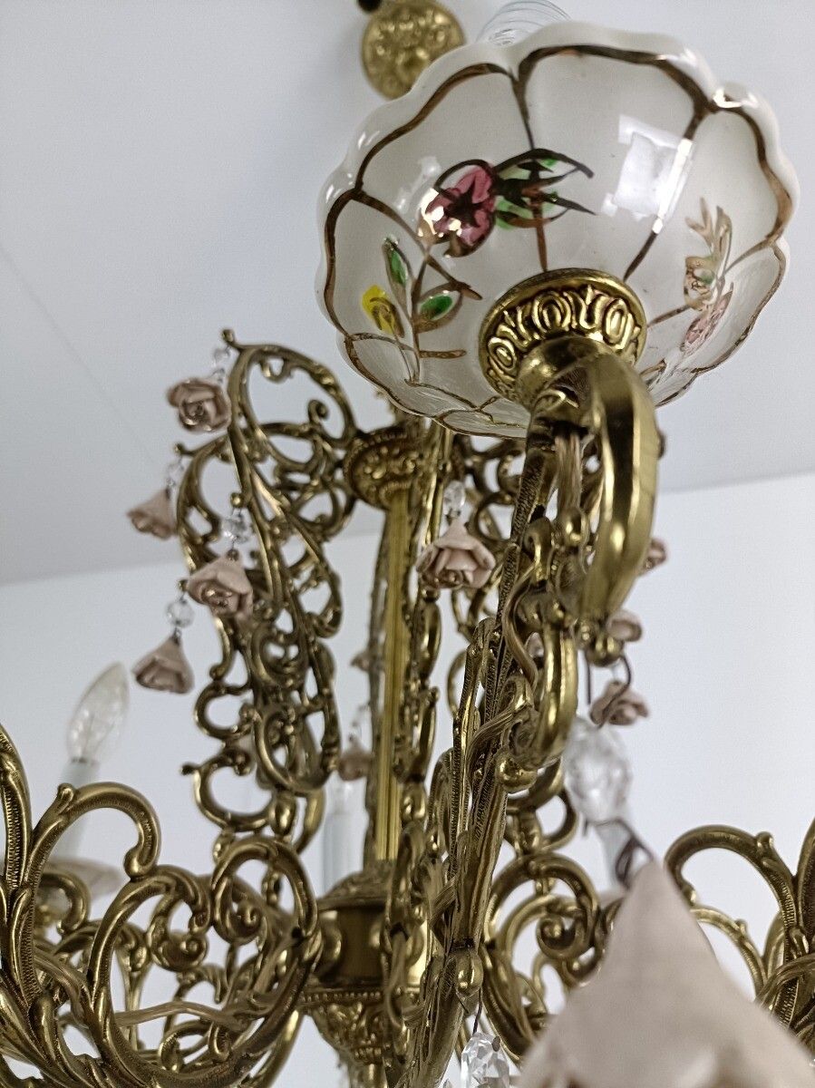 Impressive Chandelier Brass  Porcelain Flowers Prisms 8 Arm Lights Wow photo buy