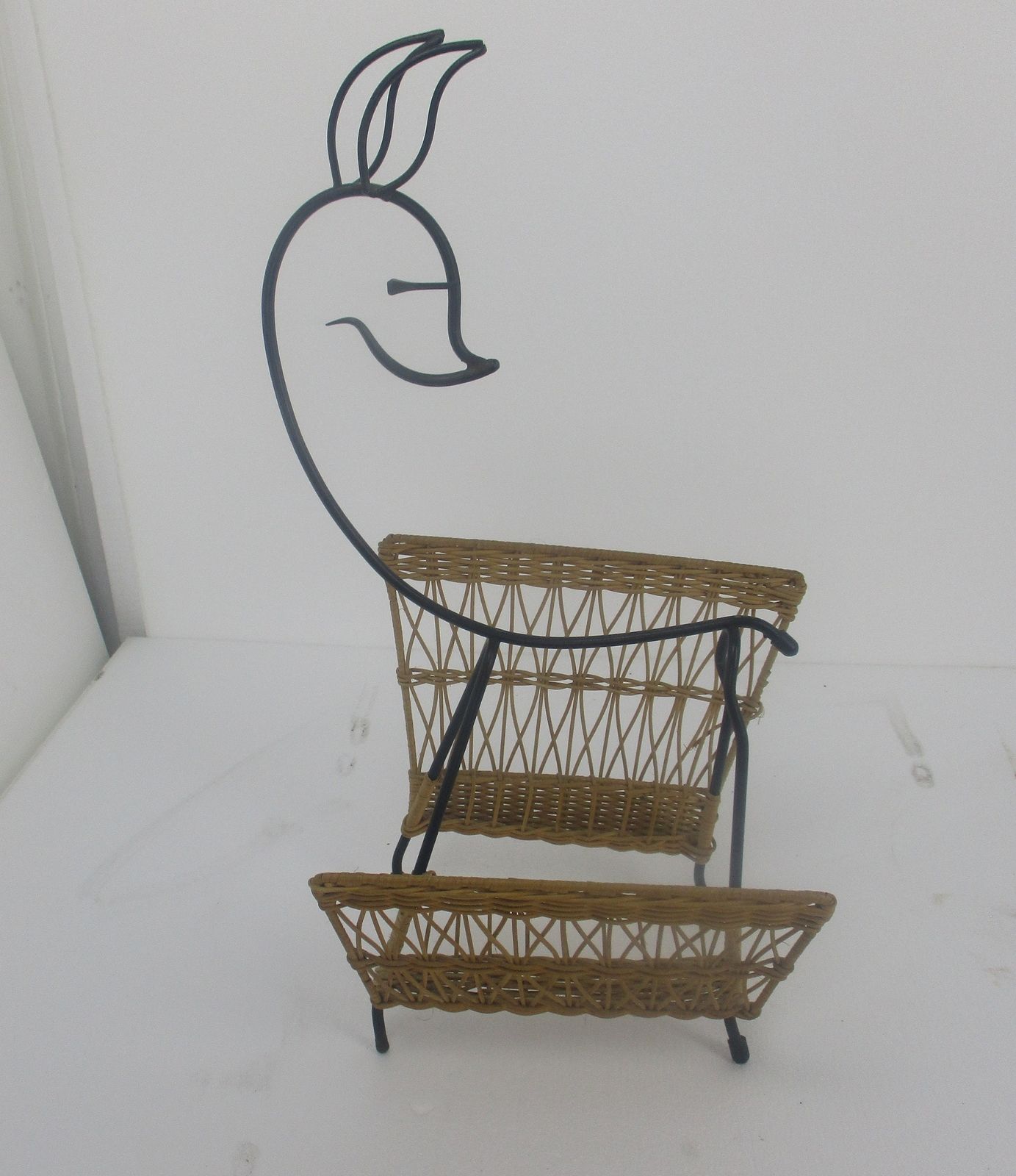 Mid Century Modern Rattan Magazine Newspaper Basket Rack Box Funky With Deer photo for sale