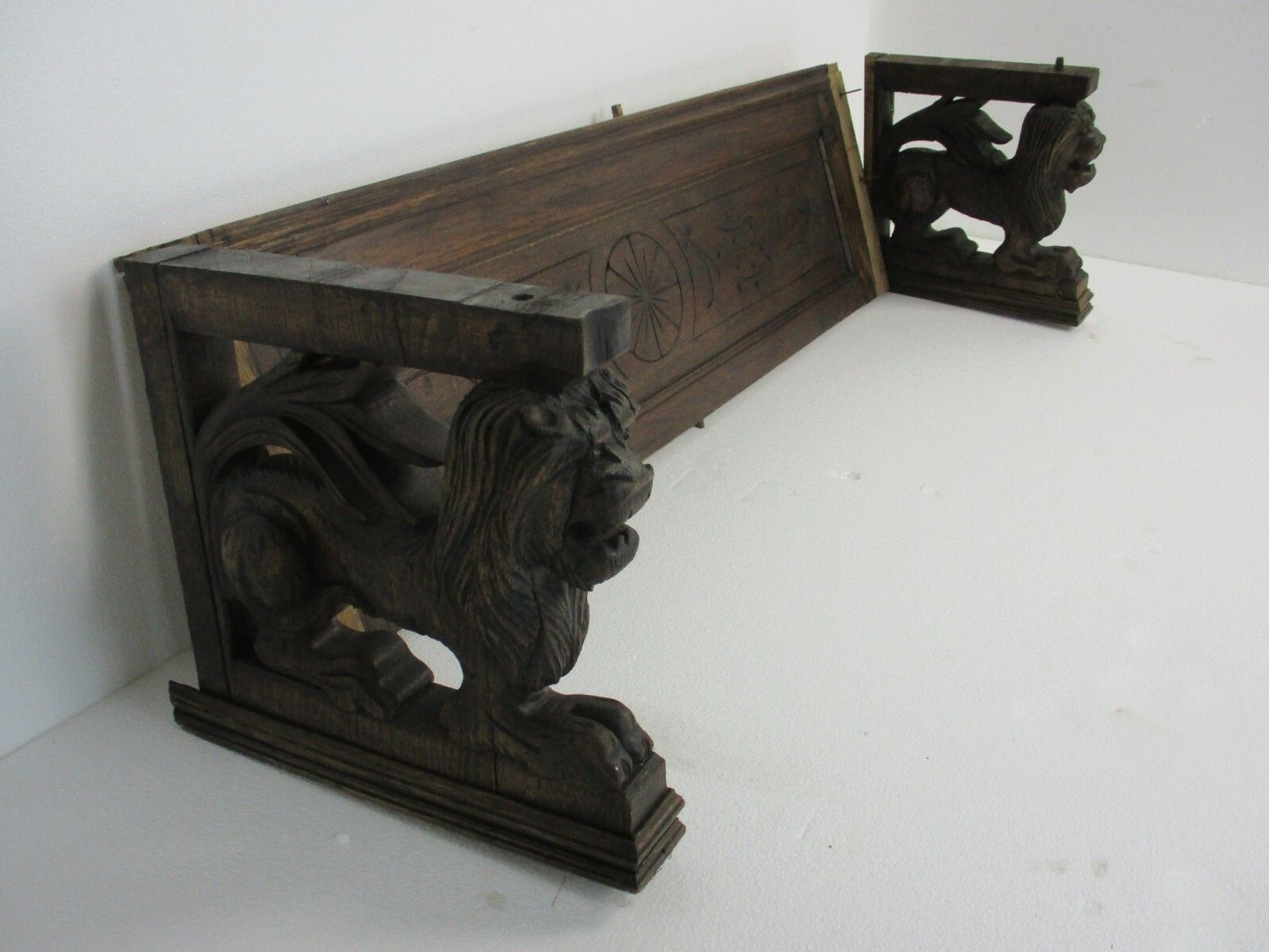 Hand Carved Wood Lion Heads Pediment Ornate Over Door Architectural Reclaimed photo buy